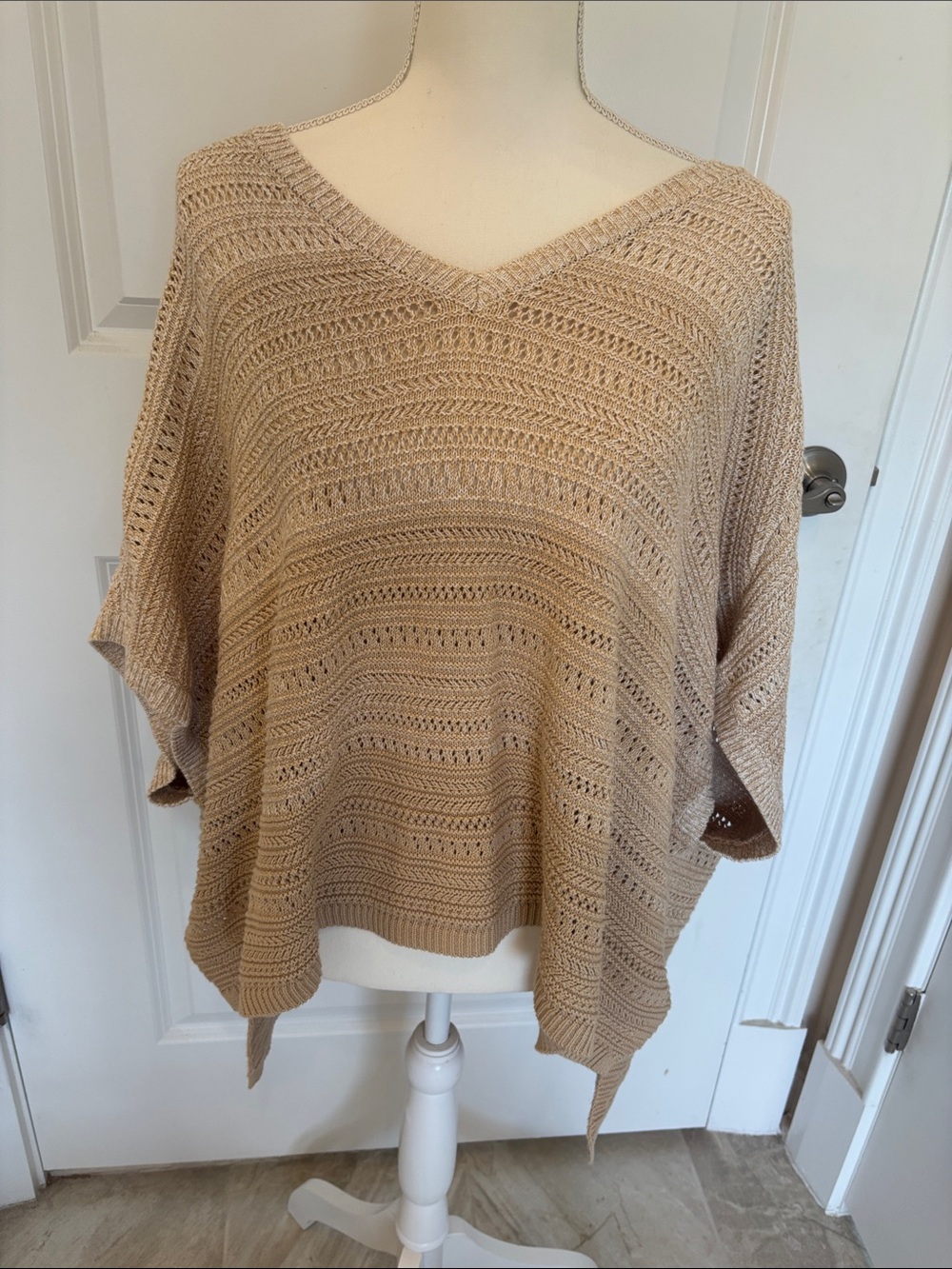 Chico's Tan Open-Knit V-Neck Poncho Sweater